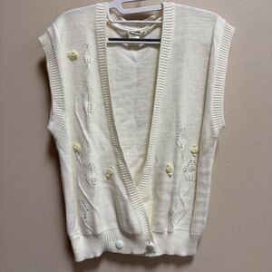 Vintage TanJay Ivory Sweater Vest with Embroidered & 3D satin Roses - Medium